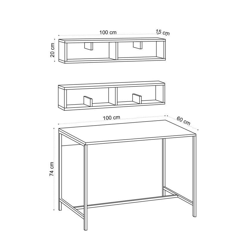 RINKINYS 2x Sieninė lentyna PENNY 20x100 cm + darbo stalas 74x100 cm ruda/juoda