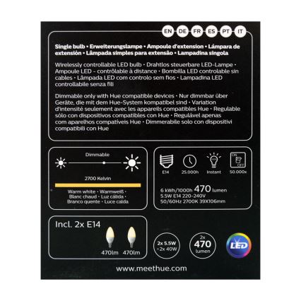 RINKINYS 2x Pritemdomos LED elektros lemputės Philips Hue WHITE E14/5,5W/230V