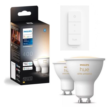RINKINYS 2x reguliuojamos LED lemputės Philips Hue WHITE AMBIANCE GU10/4,2W/230V  2200-6500K + dimerio jungiklis