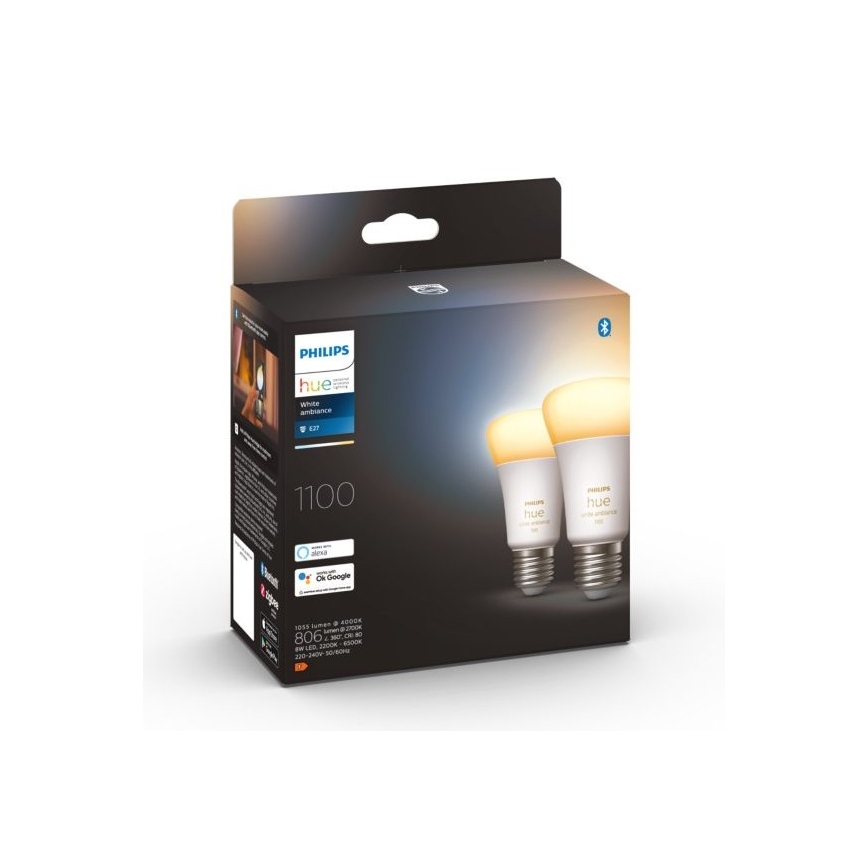 RINKINYS 2xLED Reguliuojama lemputė Philips Hue WHITE AMBIANCE E27/8W/230V 2200-6500K