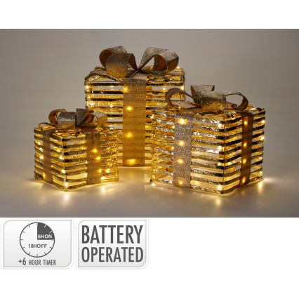 Komplektas 3x LED kalėdinės dekoracijos 20xLED/2xAA + 30xLED/3xAA + 40xLED/3xAA šiltai balta dovanos/auksinė