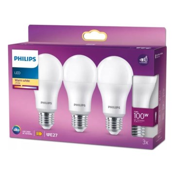 RINKINYS 3x LED Lemputės Philips A60 E27/13W/230V 2700K