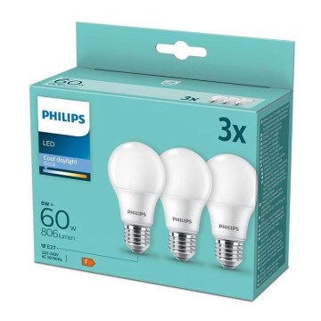 RINKINYS 3x LED Lemputės Philips A60 E27/8W/230V 6500K