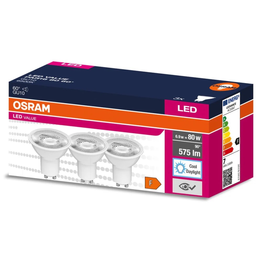 Rinkinys 3x LED reflektorinės lemputės PAR16 GU10/6,9W/230V 6500K 60° - Osram