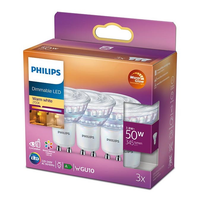 RINKINYS 3x LED Reguliuojama lemputė Philips Warm Glow GU10/3,8W/230V 2200-2700K CRI 90