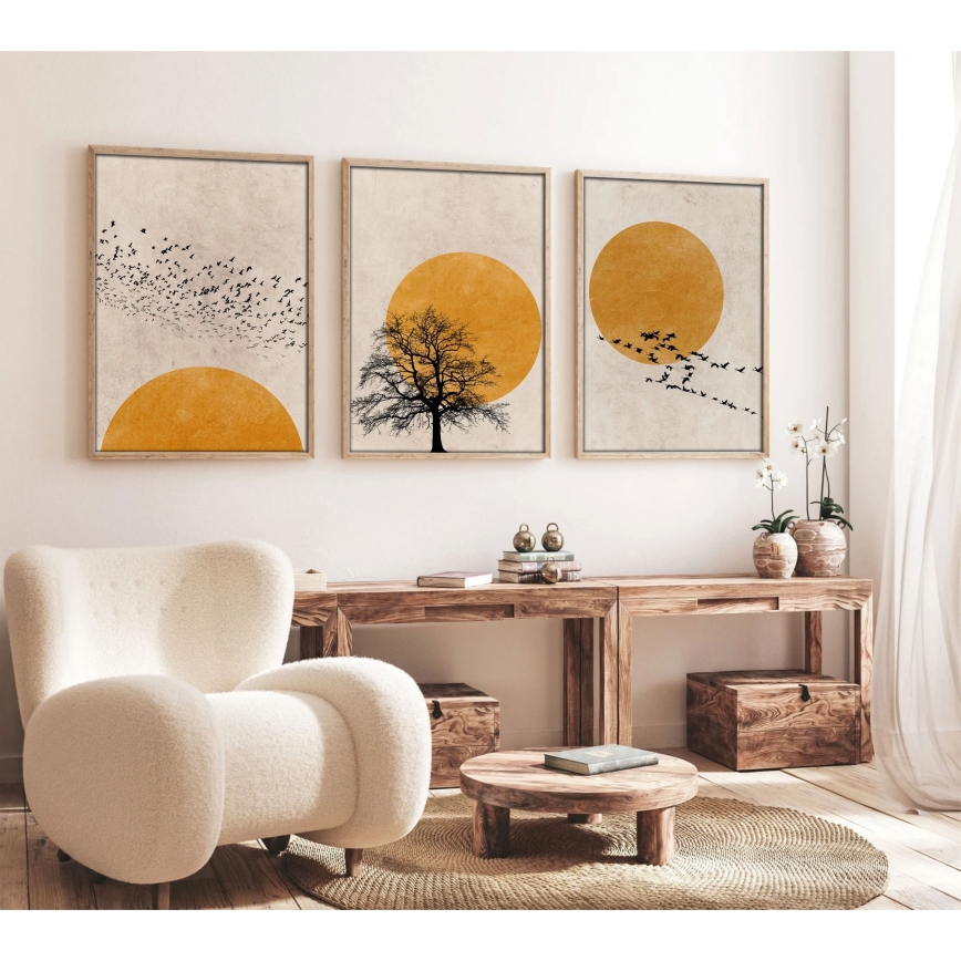 RINKINYS 3 vnt. paveikslų rėmeliuose 50x70 cm, smėlio/geltonos spalvos