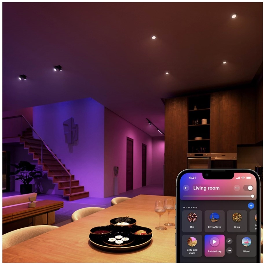 Komplektas 4 vnt. LED RGBW pritemdomos lemputės Philips Hue WHITE AND COLOR AMBIANCE GU5,3/MR16/6,3W/12V 2000-6500K