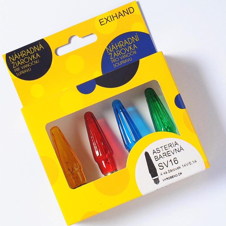 RINKINYS 4 x Atsarginės elektros lemputės ASTERIA E10/14V/0,1A spalvotos Pagaminta Europoje