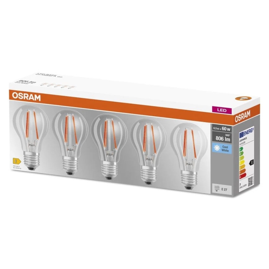 Rinkinys 5 vnt. LED lemputės BASE CLASSIC FILAMENT A60 E27/7W/230V 4000K - Osram