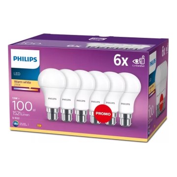 Rinkinys: 6 vnt. LED lemputės Philips A60 B22/13W/230V 2700K