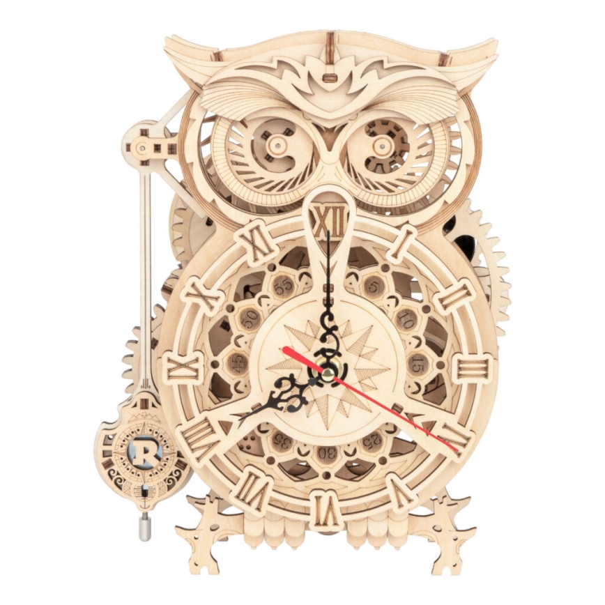 RoboTime - 3D medinė mechaninė dėlionė Pelėda laikrodis 1xAA