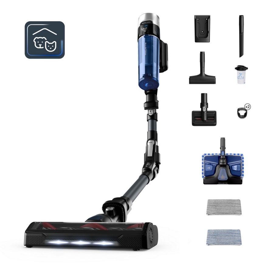 Rowenta - Lazdos formos dulkių siurblys su šluoste X-FORCE FLEX ANIMAL AQUA AUTO 4in1 250W/25,2V 2500 mAh juoda/mėlyna