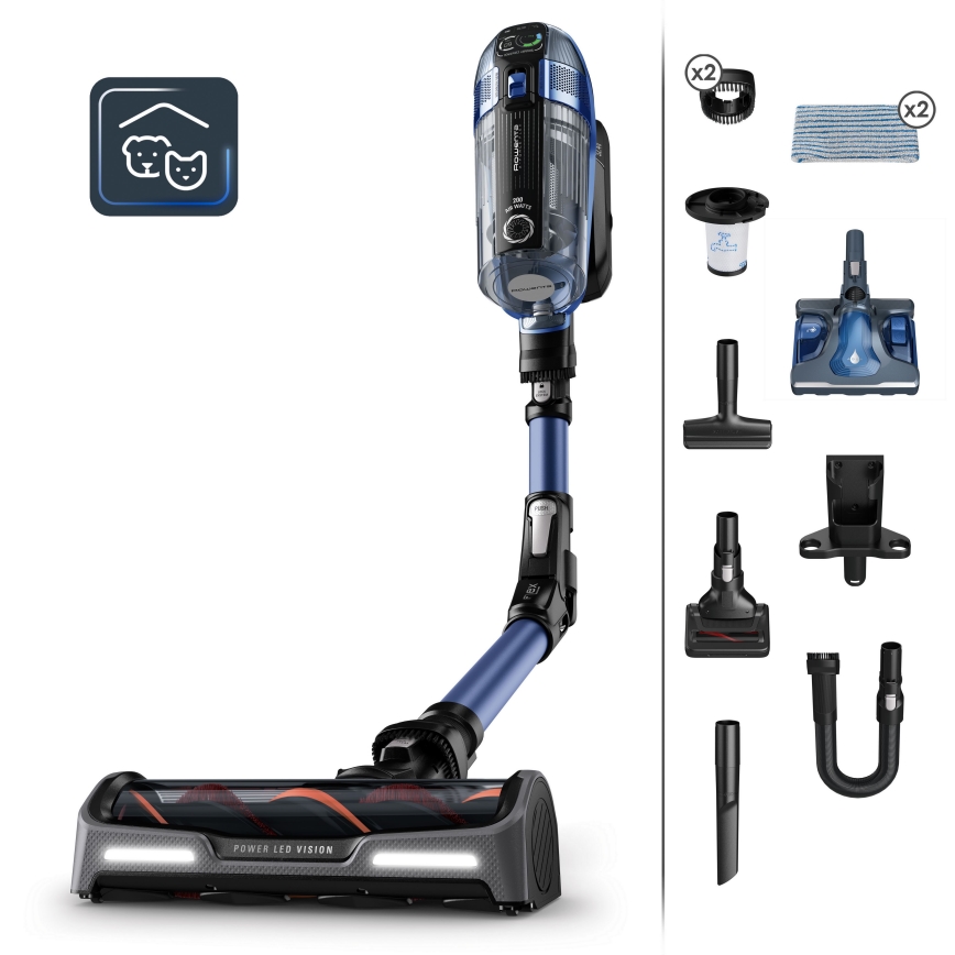 Rowenta - Belaidis dulkių siurblys su šluoste X-FORCE FLEX ANIMAL AQUA AUTO 3in1 480W/32,4V 2500 mAh mėlynas