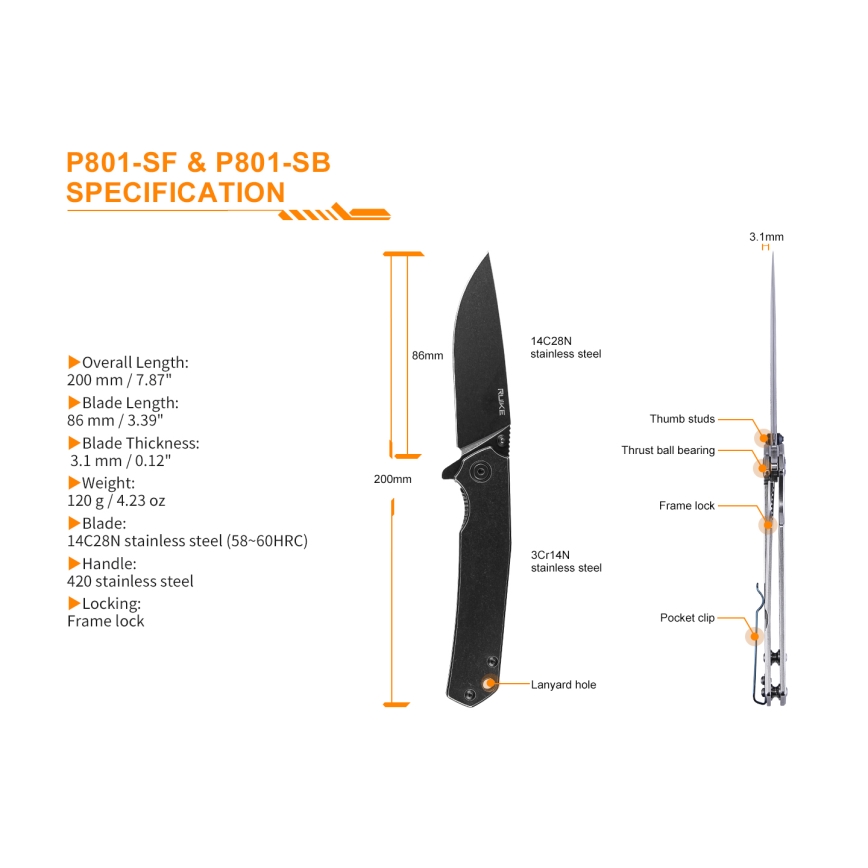 Ruike RUP801SF - Sulankstomas kišeninis peilis 20 cm sidabrinės spalvos