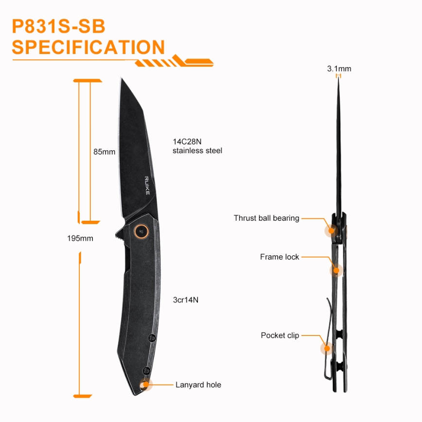 Ruike RUP831SSB - Kompaktiškas sulankstomas peilis 19,5 cm juoda