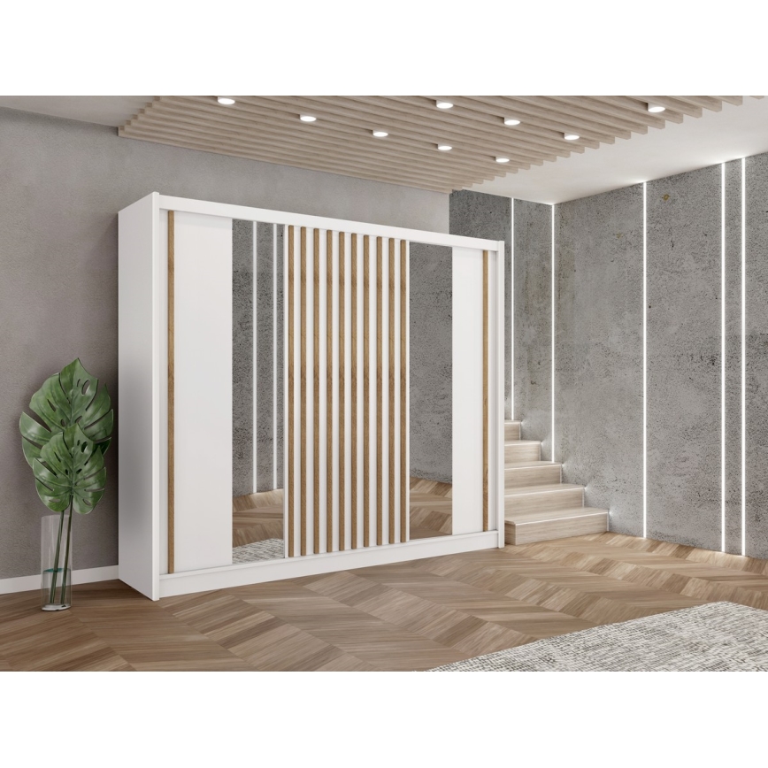 SANTINO drabužių spinta su veidrodžiu 250x215 cm balta/ąžuolo medienos išvaizda