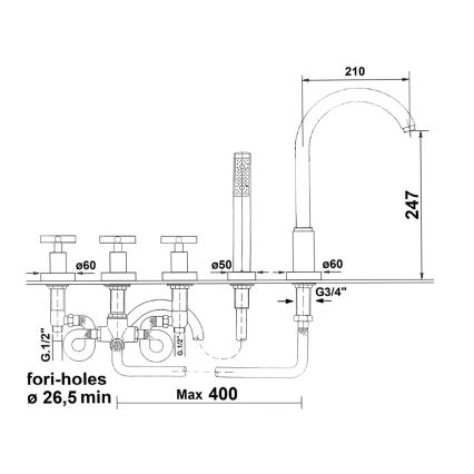 Sapho - 5-jų skylių vonios maišytuvas AXIA, blizgus chromas