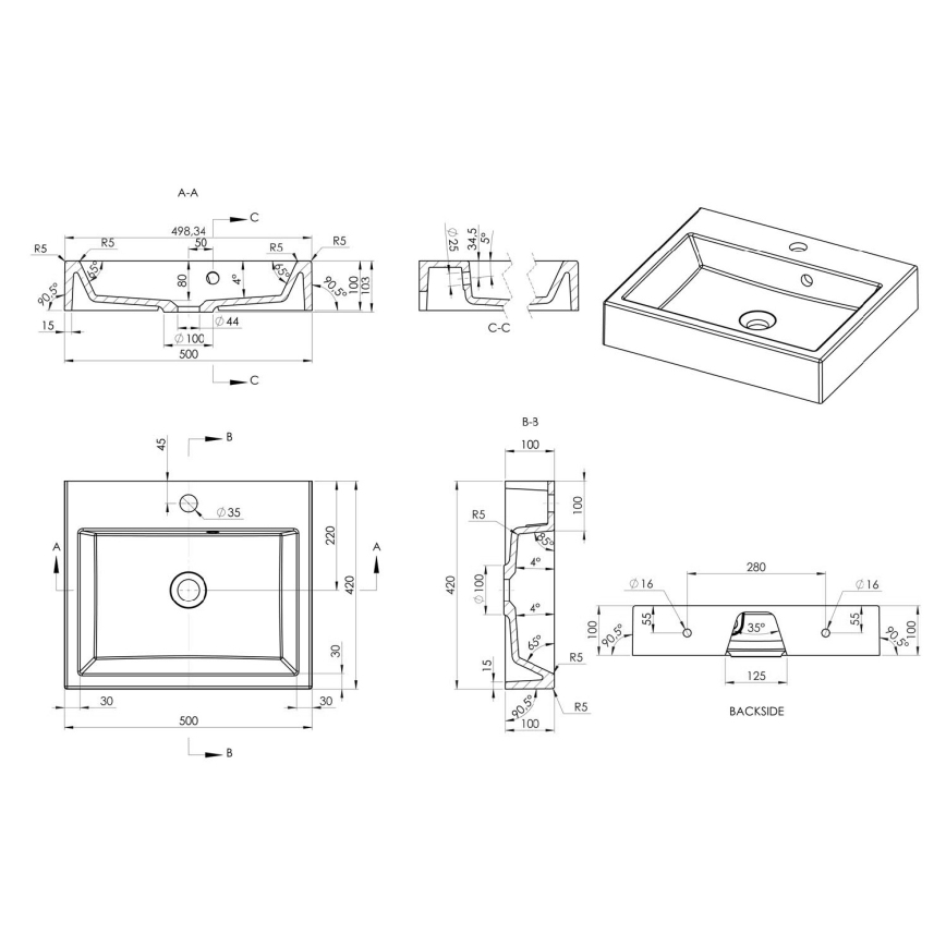 Sapho - Ant stalviršio montuojama praustuvė ORINOKO 50x42 cm marmuras/balta
