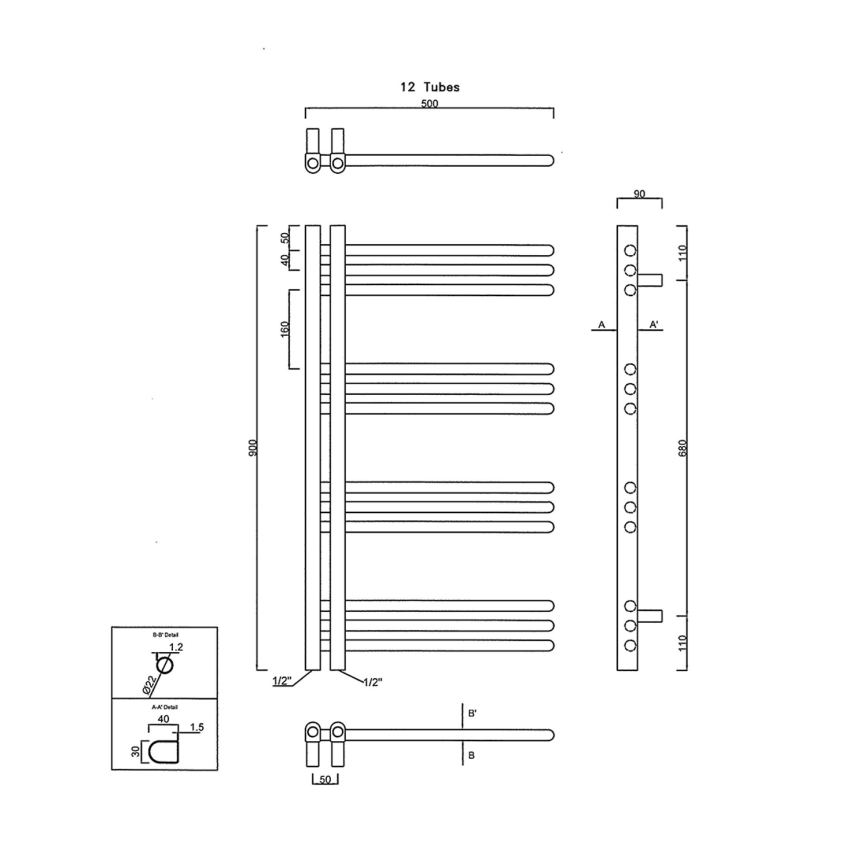 Sapho - DORLION vonios rankšluosčių radiatorius 300W/230V 50x90 cm matinė juoda