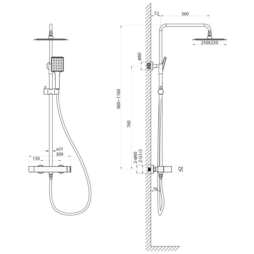 Sapho - Dušo komplektas su maišytuvu CUBEMIX, matinė aukso spalva