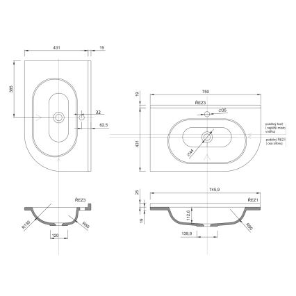 Sapho - Kampinis įleidžiamas praustuvas PULSE 75x43 cm marmuras/balta