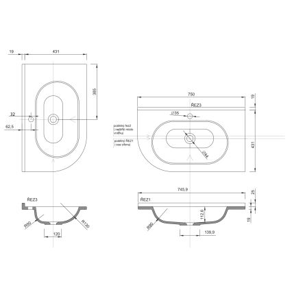 Sapho - Kampinis įleidžiamasis praustuvas PULSE 75x43 cm marmuras/balta