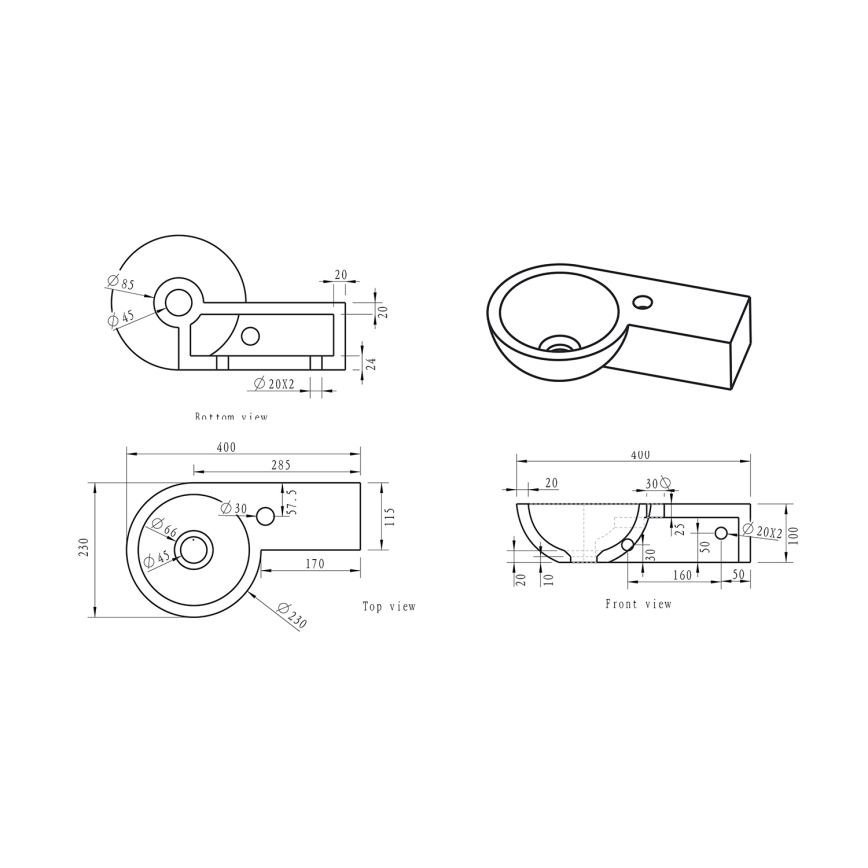 Sapho - Kampinis pakabinamas praustuvas BLOK 40x23 cm dešinė/antracitas