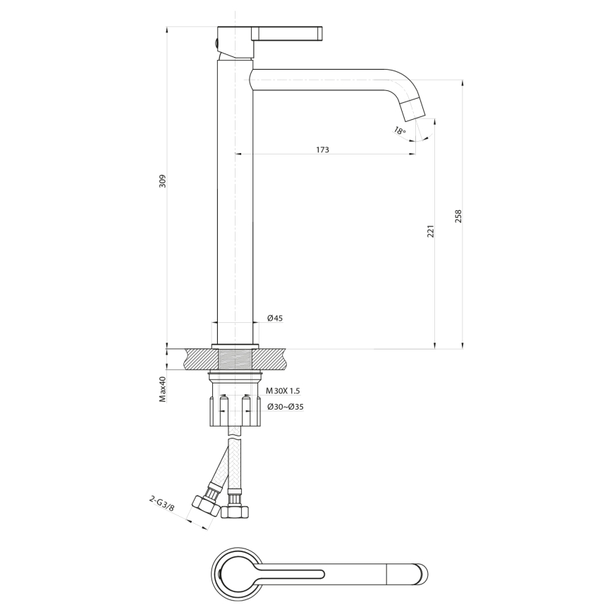 Sapho - Praustuvo čiaupas ICONIC 30,9 cm matinė juoda