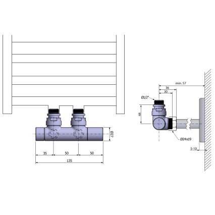 Sapho - TWIN jungiamųjų vožtuvų komplektas centriniam prijungimui, blizgus chromas