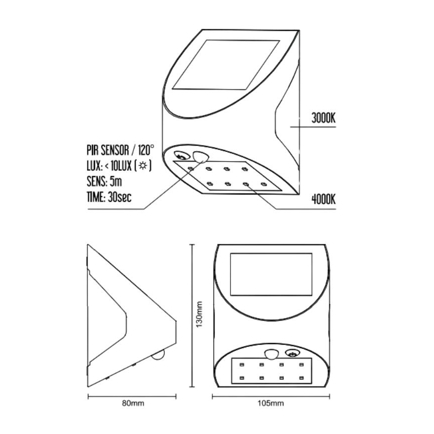 LED saulės sieninis šviestuvas su jutikliu LED/3W/3,7V 3000/4000K 1200 mAh IP54 baltas