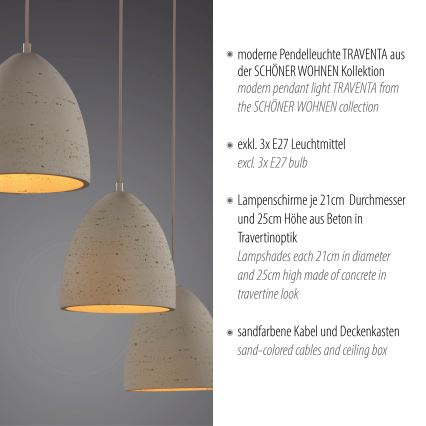 Schöner Wohnen 12541-42 - Pakabinamas šviestuvas TRAVENTA su laidu 3xE27/40W/230V, betoninis