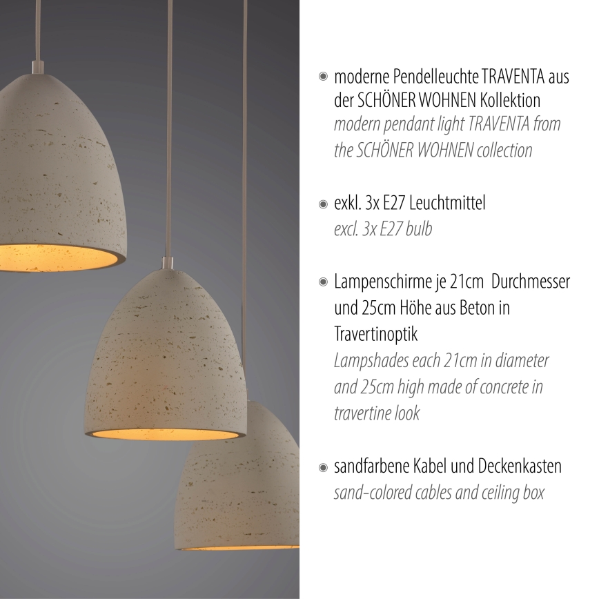 Schöner Wohnen 12541-42 - Pakabinamas šviestuvas TRAVENTA su laidu 3xE27/40W/230V, betoninis