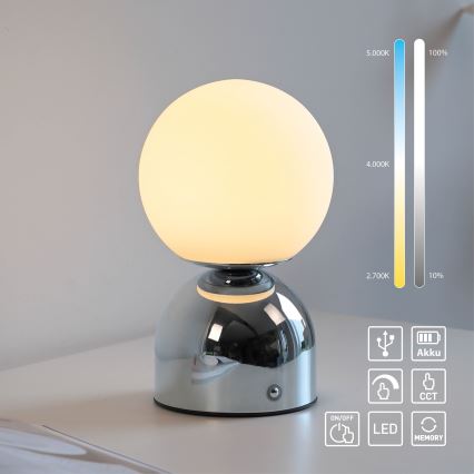 Schöner Wohnen 19218-17 - LED reguliuojama jutiklinė įkraunama stalo lempa RUDI LED/1,2W/5V 3000-6000K 1200 mAh blizgus chromas