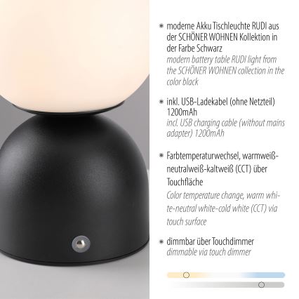 Schöner Wohnen 19218-18 - LED reguliuojama jutiklinė įkraunama stalinė lempa RUDI LED/1,2W/5V 3000-6000K 1200 mAh juoda