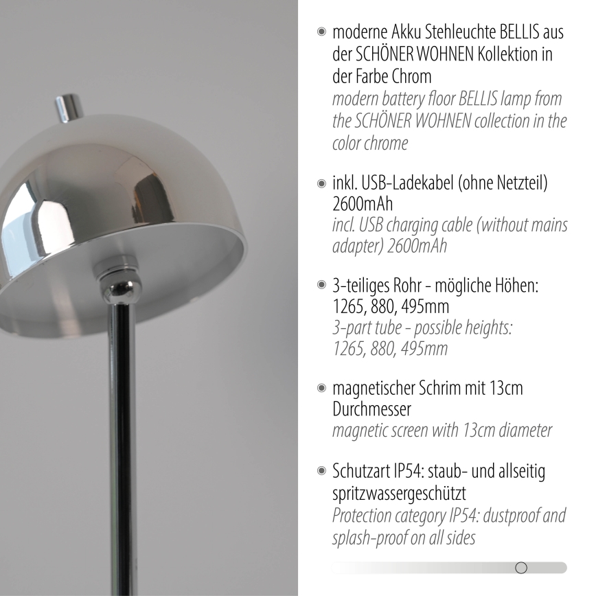 Schöner Wohnen 19245-17 - Jutiklinė, šviesumą reguliuojanti įkraunama lauko pastatoma lempa BELLIS LED/2,5W/5V 2600 mAh IP54 blizgus chromas