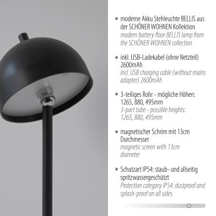 Schöner Wohnen 19245-18 - LED jutiklinis, reguliuojamo ryškumo, įkraunamas lauko toršeras BELLIS LED/2,5W/5V 2600 mAh IP54 juoda