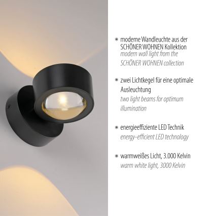 Schöner Wohnen 19331-18 - LED sieninis šviestuvas CHIA 2xLED/2W/230V juodas