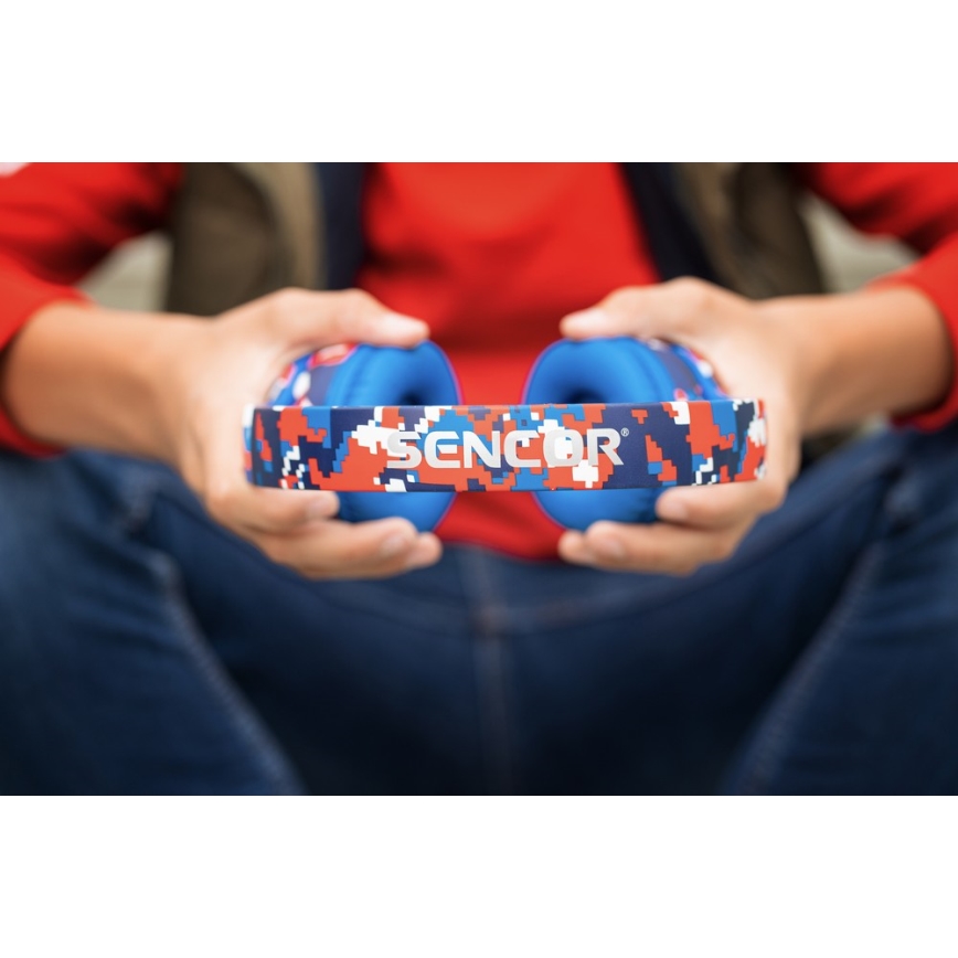 Sencor – Belaidės ausinės su mikrofonu 3,7V/400 mAh mėlyna/raudona