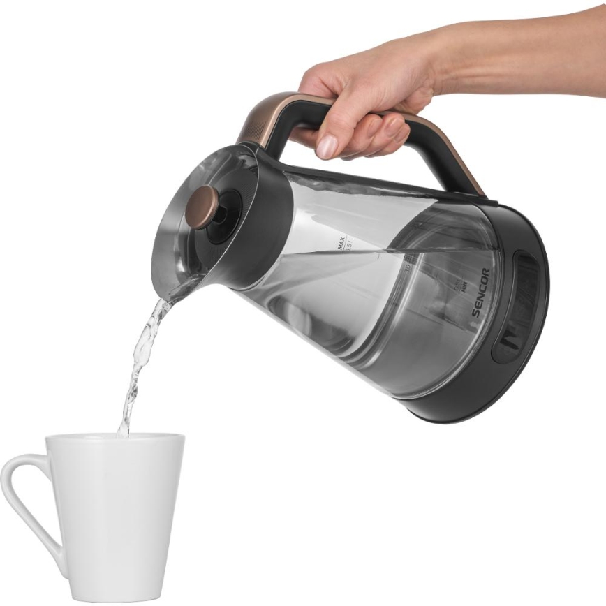 Sencor - Elektrinis virdulys su temperatūros reguliavimu 1,5 l 2150W/230V juodas/rožinio aukso