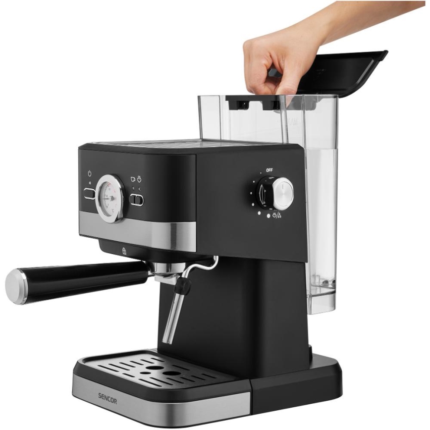 Sencor - Espreso kavos aparatas su svirtimi 1050W/230V juodas/matinis chromas