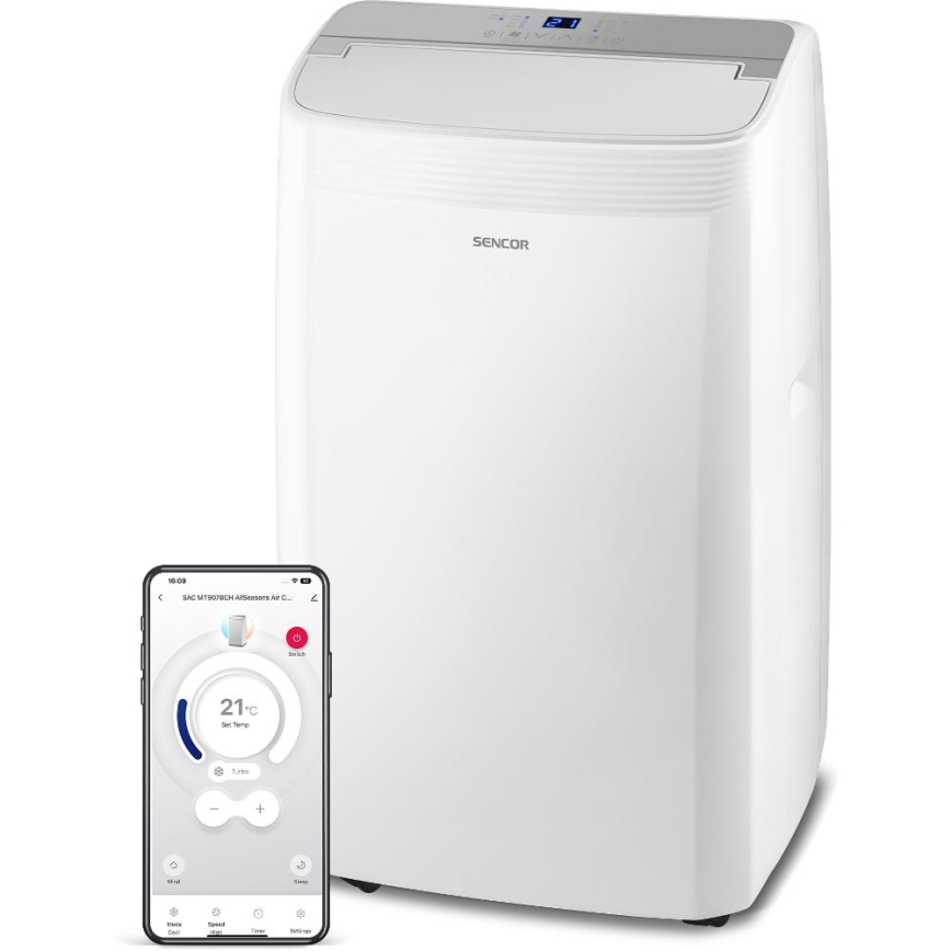 Sencor - Išmanus mobilus oro kondicionierius 5 viename su pilnu priedų komplektu 733W/230V 9000 BTU Wi-Fi balta + nuotolinis valdymas