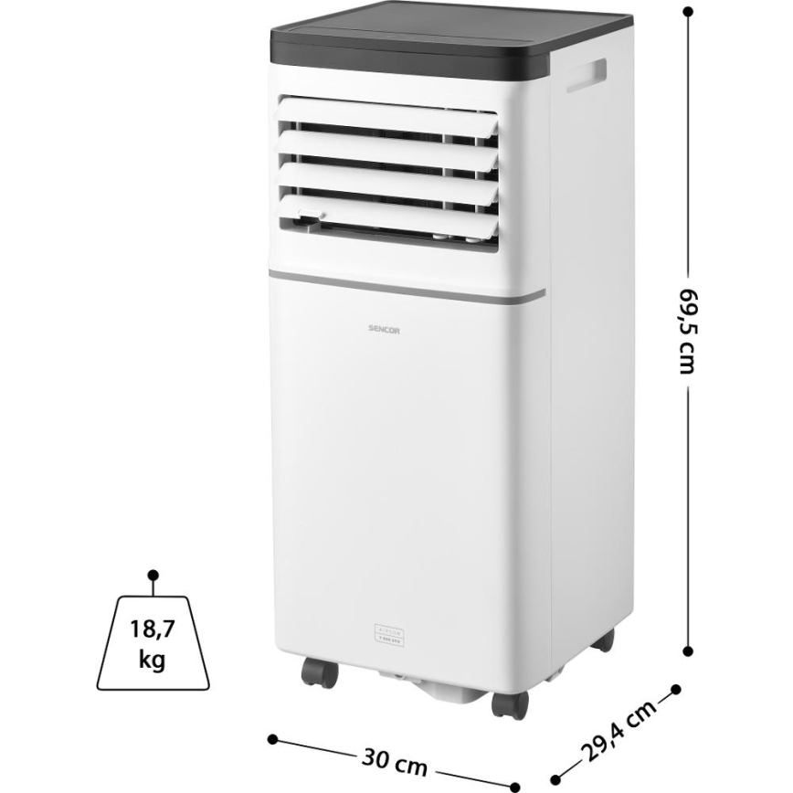 Sencor - Išmanus 3 viename mobilus oro kondicionierius, įskaitant visus priedus, 760 W/230 V, 7000 BTU, Wi‑Fi, balta + su nuotoliniu pulteliu