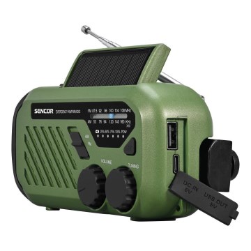 Sencor - Kempinginis radijas: rankena, saulės panelė ir LED žibintas, 5V/2000 mAh, IPX4, žalia
