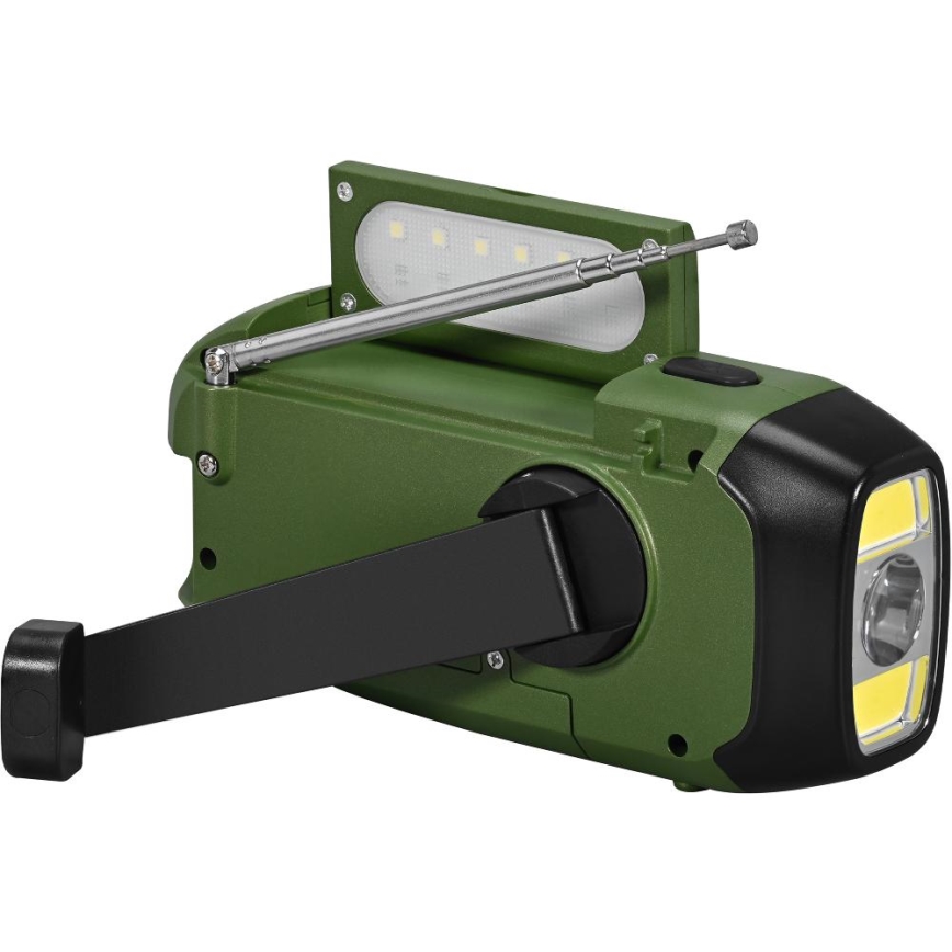 Sencor - Kempinginis radijas: rankena, saulės panelė ir LED žibintas, 5V/2000 mAh, IPX4, žalia