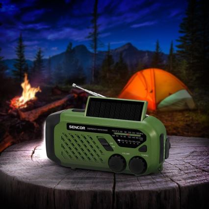 Sencor - Kempinginis radijas: rankena, saulės panelė ir LED žibintas, 5V/2000 mAh, IPX4, žalia