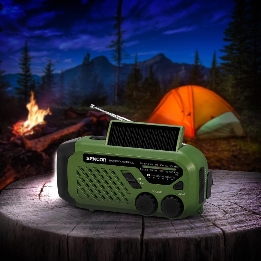 Sencor - Kempinginis radijas: rankena, saulės panelė ir LED žibintas, 5V/2000 mAh, IPX4, žalia