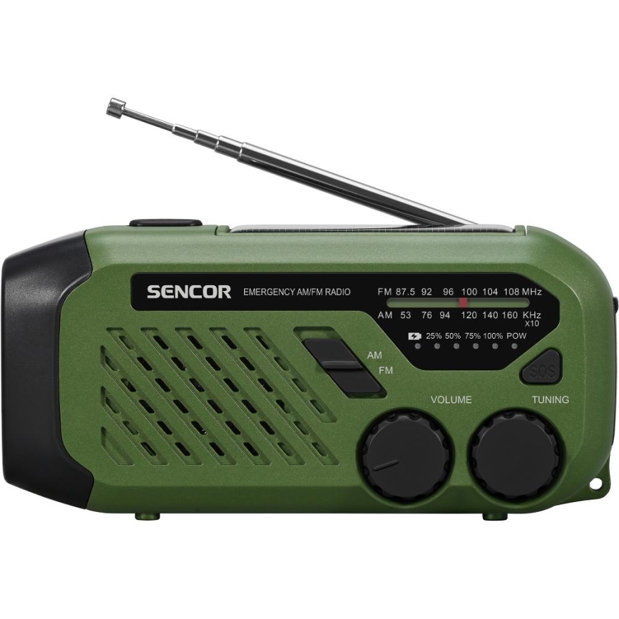 Sencor - Kempinginis radijas: rankena, saulės panelė ir LED žibintas, 5V/2000 mAh, IPX4, žalia