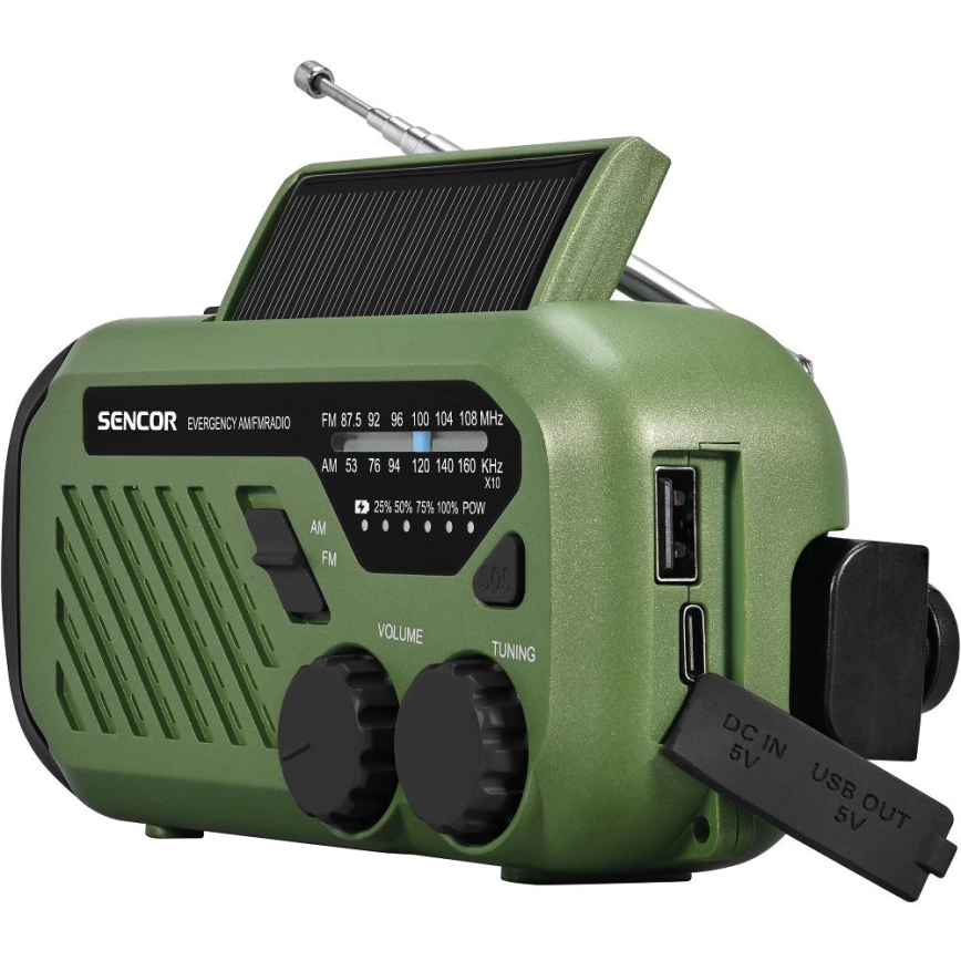 Sencor - Kempingo radijas su saulės baterija ir LED žibintuvėlis su kabliu ir magnetu 5V/2000 mAh IPX4 žalia