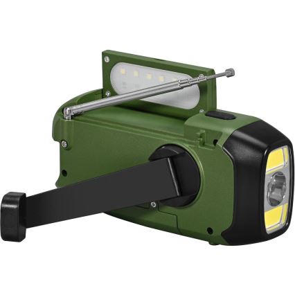 Sencor - Kempingo radijas su saulės baterija ir LED žibintuvėlis su kabliu ir magnetu 5V/2000 mAh IPX4 žalia