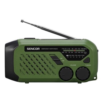 Sencor - Kempingo radijas su saulės baterija ir LED žibintuvėlis su kabliu ir magnetu 5V/2000 mAh IPX4 žalia